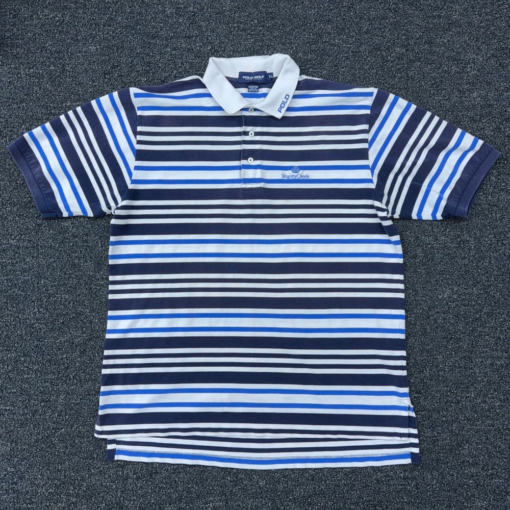 Polo Golf Ralph Lauren Mens XL Blue White Striped Shanty Creek Cotton Polo Shirt